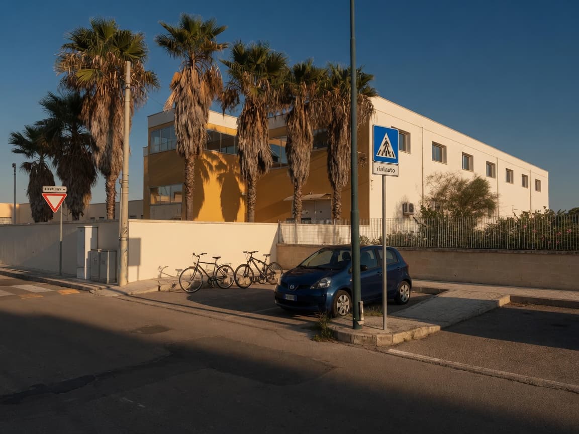 Visualizzazione di progetto: torre gialla e palme all’angolo di via Boccaccio