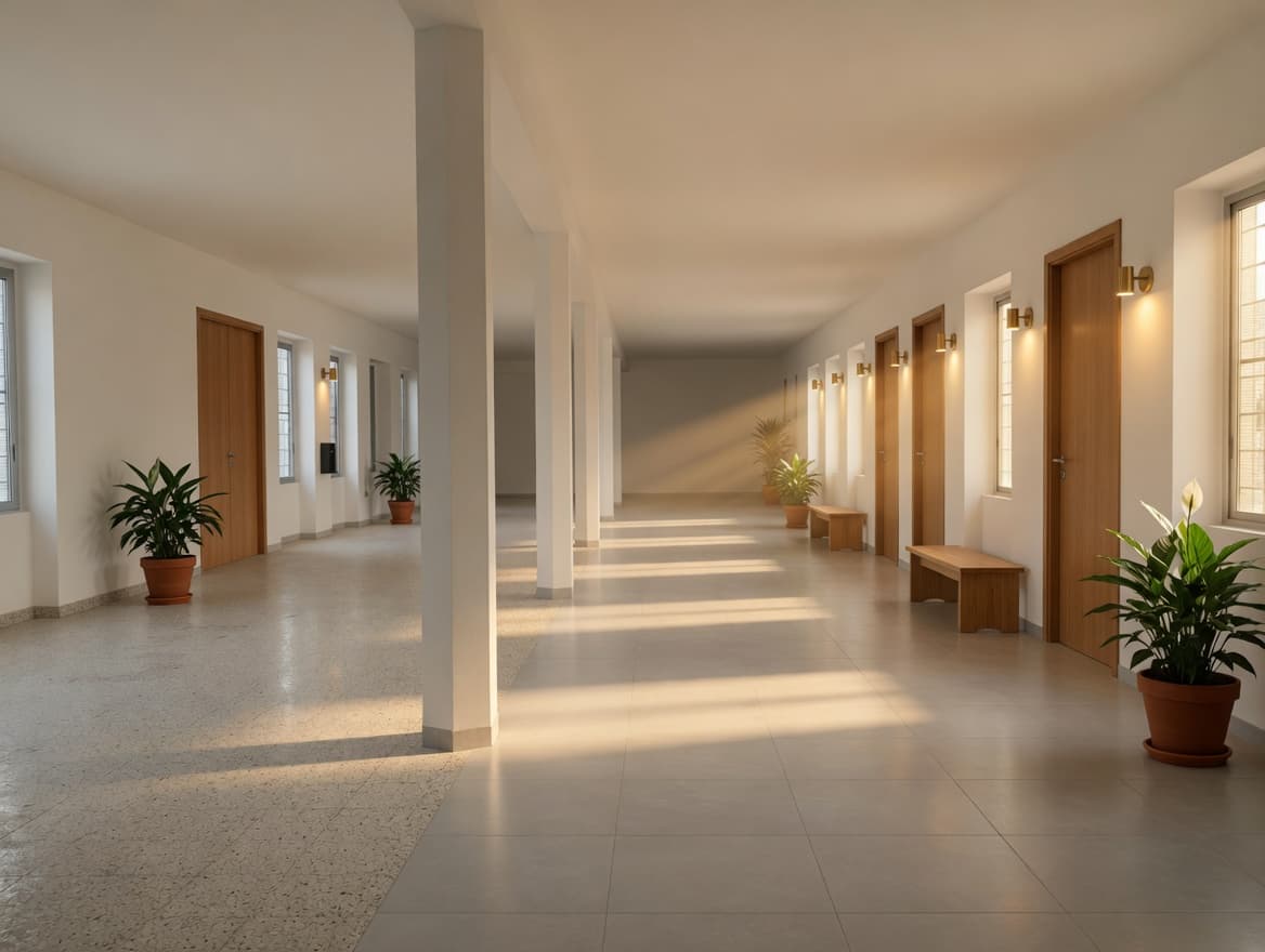 Visualizzazione di progetto: corridoio ad albergo con porte delle camere