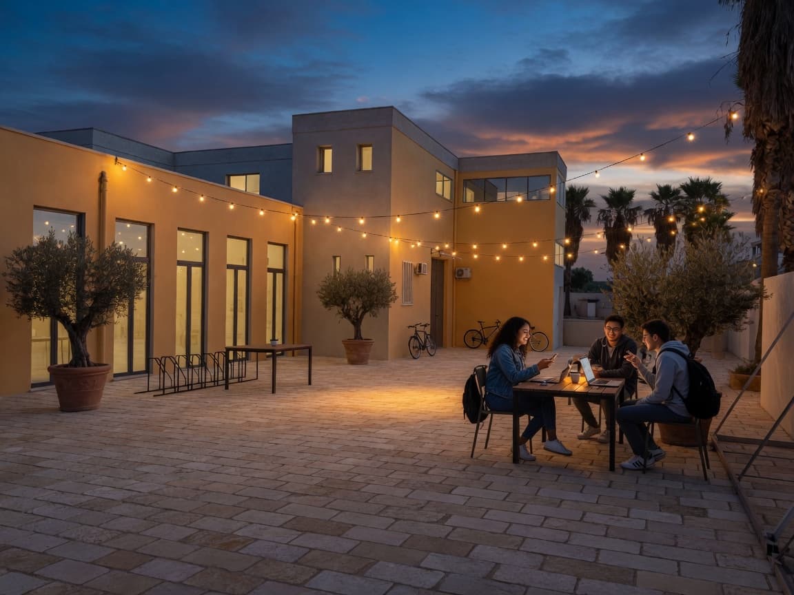 Visualizzazione di progetto: cortile al tramonto, luci e studenti al tavolo