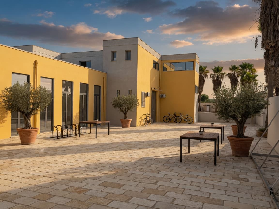Visualizzazione di progetto: cortile in pietra leccese con ulivi e biciclette